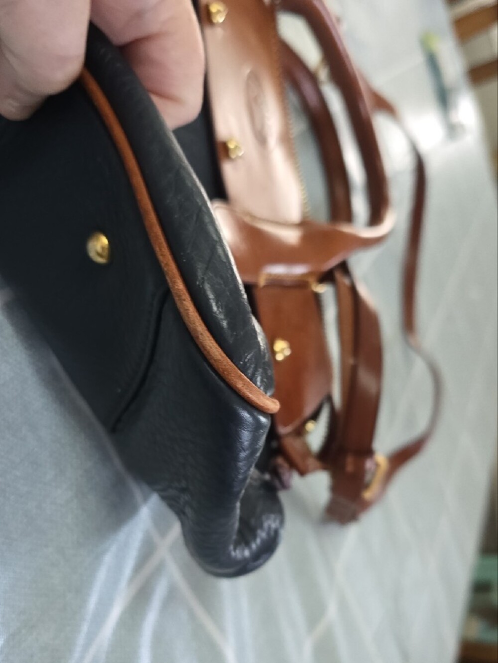 Dooney & Bourke Navy Pebbled Leather Satchel with Brown Trim - Picture 4 of 11